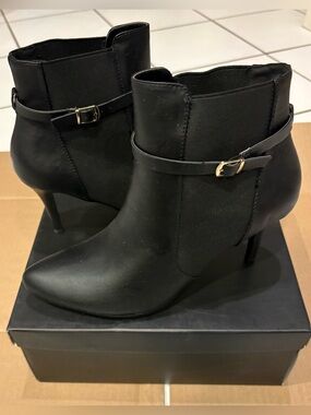 NWT Expressions Black Faux Leather Ankle Booties with Gold Buckle